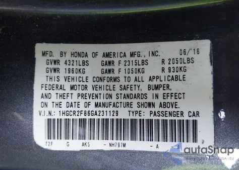 2016 Honda Accord Ex-L z USA, uszkodzony, nr VIN 1HGCR2F86GA231129